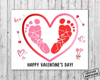 May include: A printable Valentine's Day card featuring a red heart with two pink and red baby footprints inside. The text "love" and "Happy Valentine's Day!" are printed on the card.