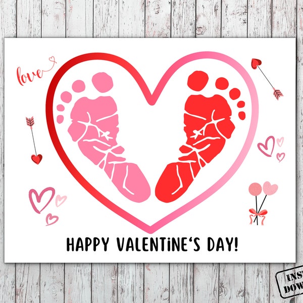 Happy Valentine's Day Footprint Craft, Valentines Day Art Foot Paint Activity, Baby Handprint Keepsake Gift, Toddler Preschool DIY Activity