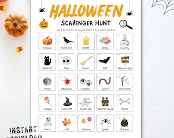 Halloween Scavenger Hunt Printable, Halloween Kids Party Game Ideas, Printable Outdoor Treasure Hunt Activity, Kids Indoor Home Activities