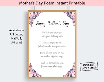 Mothers Day Poem Printable, Poem for Mom, Mama Keepsake Poem Quote, Last Minute Mothers Day Gift, Floral UNFRAMED Print Mom Gift From Kids