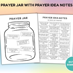 Puede incluir: Un tarro de oración imprimible en blanco y negro con una lista de 30 ideas de oración. El tarro de oración es un tarro de vidrio con tapa y una variedad de indicaciones de oración escritas en notas adhesivas. Las ideas de oración incluyen indicaciones como "Refresca mi alma y lléname de tu presencia hoy", "Brinda consuelo y esperanza a quienes están luchando hoy", "Ayúdame a seguir adelante incluso cuando el camino es difícil", "Libero mis preocupaciones y confío en tu cuidado", "Ayúdame a confiar en tu plan, incluso cuando no lo entiendo".