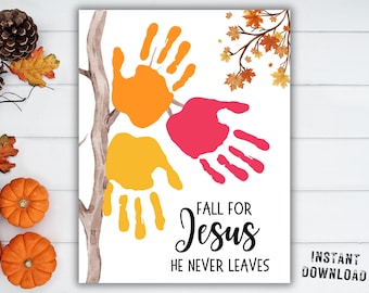 Fall For Jesus Handprint Craft, He Never Leaves Art Printable, Fall Tree Christian Kids Activities, Preschool Sunday School, Homeschool Idea