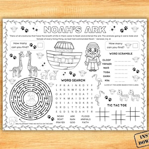 Noah&#39;s Ark Activity Placemat, Christian Bible Story Craft, Kids Sunday School Activity, Childrens Church Lesson, Bible Verse Coloring Games