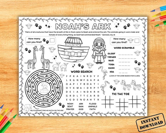 Noah's Ark Activity Placemat, Christian Bible Story Craft, Kids Sunday School Activity, Childrens Church Lesson, Bible Verse Coloring Games