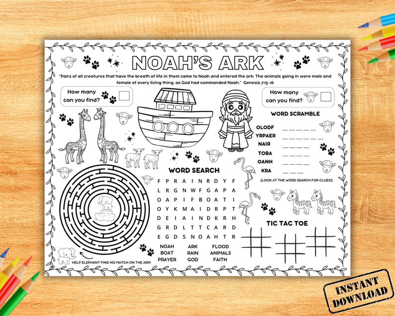 Noah's Ark Activity Placemat, Christian Bible Story Craft, Kids Sunday School Activity, Childrens Church Lesson, Bible Verse Coloring Games, Homeschool Lesson, Noah Animals on Ark Floods Bible Lesson