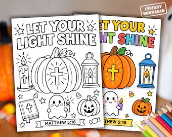 Christian Halloween Coloring Page, Let Your Light Shine Bible Verse, Sunday School Activity, Kids Fall Printable Matthew 5:16, Church Craft