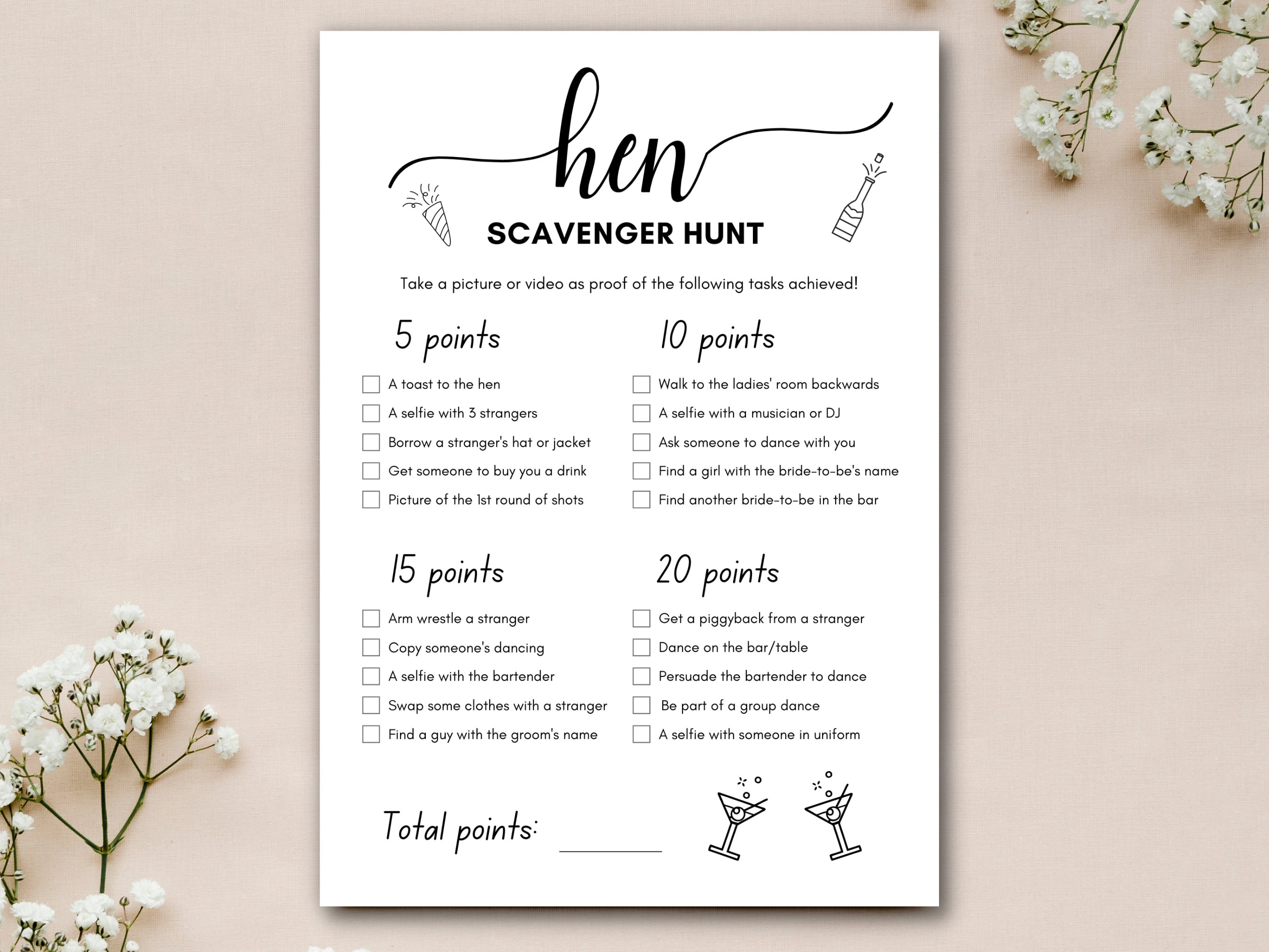 Hen Scavenger Hunt, Hen Party Games, Bachelorette Scavenger Hunt, Hen Bar Games, Editable