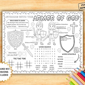 Rüstung Gottes Aktivität Tischset, christliche druckbare Malseite, Sonntagsschule Handwerk, Kinderkirche Spiel, Homeschool Bibelversstunde