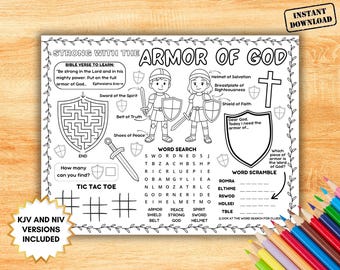 Armor of God Activity Placemat, Christian Printable Coloring Page, Sunday School Craft, Childrens Church Game, Homeschool Bible Verse Lesson