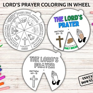 The Lord&#39;s Prayer Coloring Wheel, Bible Activity Craft, Sunday School Kids Bible Lesson, Religious Bible Story Wheel, Lord&#39;s Bible Verse