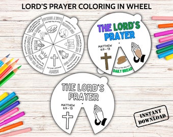 The Lord's Prayer Coloring Wheel, Bible Activity Craft, Sunday School Kids Bible Lesson, Religious Bible Story Wheel, Lord's Bible Verse