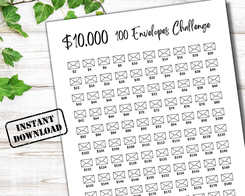 100 Envelope Challenge Printable, 10000 Money Savings Challenge, 10K