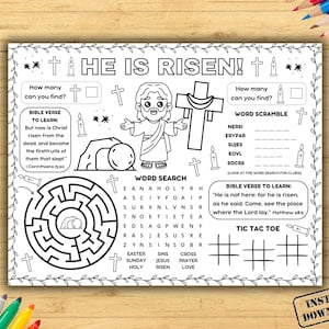 He is Risen Activity Placemat, Resurrection of Jesus Sunday School Craft, Childrens Church Bible Coloring Activity, Kids Easter Story Lesson