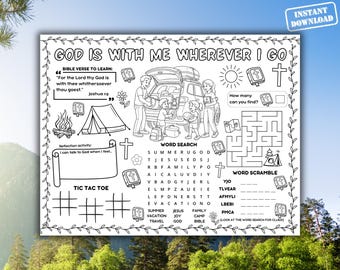 Vacation Bible Activity Placemat, VBS Coloring Craft Printable, Sunday School Summer Games Sheet, Kids Homeschool Lesson, Christian Camping