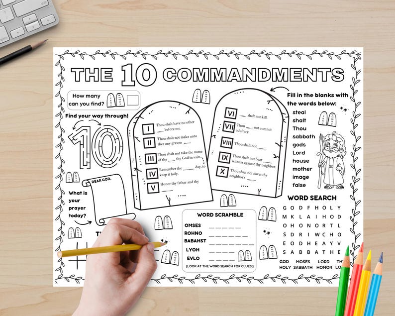 Ten Commandments Activity Placemat, Bible Craft Coloring Page, The 10 Commandments Game Sheet For Kids, Sunday School Bible Lesson Printable