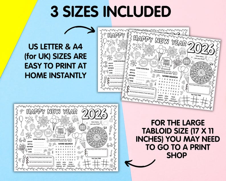 New Year 2026 Kids Activity Placemat, Happy New Year's Eve Coloring ...