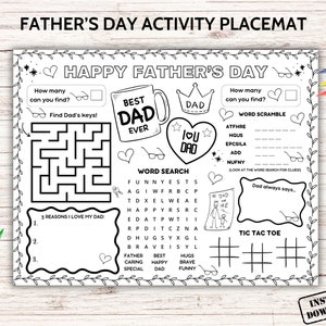 Happy Fathers Day Activity Placemat Printable, Fathers Day Craft Coloring Page, All About Dad Tablemat, Kids Preschool Classroom Games Sheet