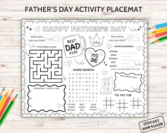 Jogo americano para imprimir com atividades de Feliz Dia dos Pais, Página para colorir com artesanato para o Dia dos Pais, Jogo americano com tudo sobre o pai, Folha de jogos para sala de aula para crianças em idade pré-escolar