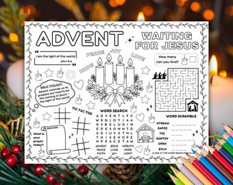 Advent Bible Activity Placemat Printable, Christian Christmas Coloring Page, Sunday School Game Sheet, Kids Advent Wreath Craft Church Class