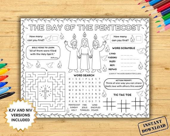 Pentecost Activity Placemat Craft, Whitsunday Holy Spirit Coloring Page, Kids Sunday School Worksheet, Children's Church Bible Lesson Games