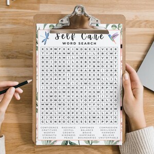 Self Care Word Search Printable, Mindfulness Self Love Activity, Women's Retreat Game, Yoga Wellness Event Worksheet, Calming Adult And Teen, Spiritual Positive Personal Development.
