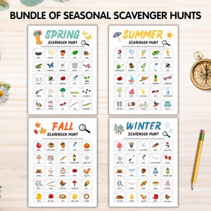 May include: A bundle of four seasonal scavenger hunt activity sheets titled Spring, Summer, Fall, and Winter. Each sheet features a grid of illustrated items to find with checkboxes, accompanied by a gold compass and a yellow pencil.