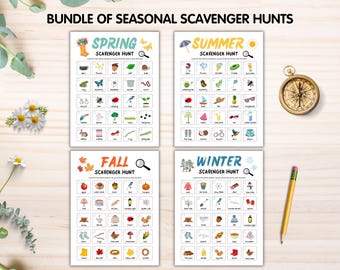 Seasonal Scavenger Hunt Bundle Printable, 4 Nature Treasure Hunts for Kids, Spring Summer Fall Winter Outdoor Activity Pack Teacher Resource