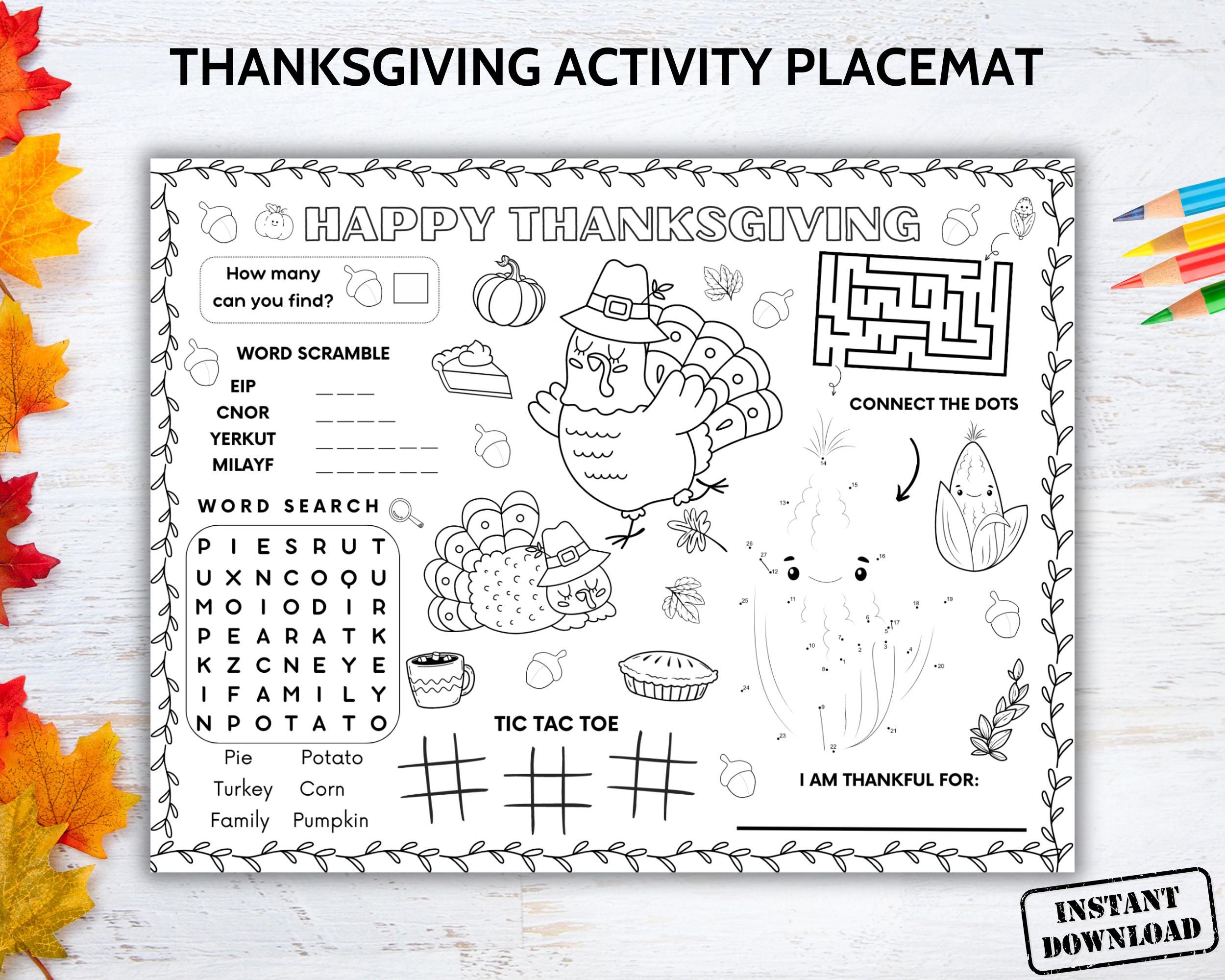 Thanksgiving Activity Placemat for Kids, Printable Coloring Page ...