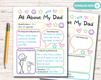 All About My Dad Printable Questionnaire, Daddy Birthday Keepsake Gift, Father’s Day Kids Fill In Quiz Appreciation, Preschool Kindergarten
