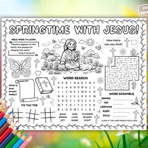 Pode incluir: Folha de atividades imprimível em preto e branco intitulada "Springtime with Jesus!" com ilustrações de Jesus, um cordeiro, borboletas, flores e um labirinto. Inclui pesquisa de palavras, jogo de palavras embaralhadas e jogos da velha, além de um versículo bíblico.