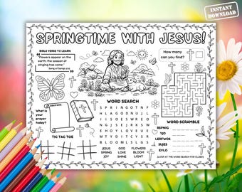 May include: Black and white printable activity sheet titled "Springtime with Jesus!" featuring illustrations of Jesus, a lamb, butterflies, flowers, and a maze. Includes word search, word scramble, and tic-tac-toe games, plus a Bible verse.