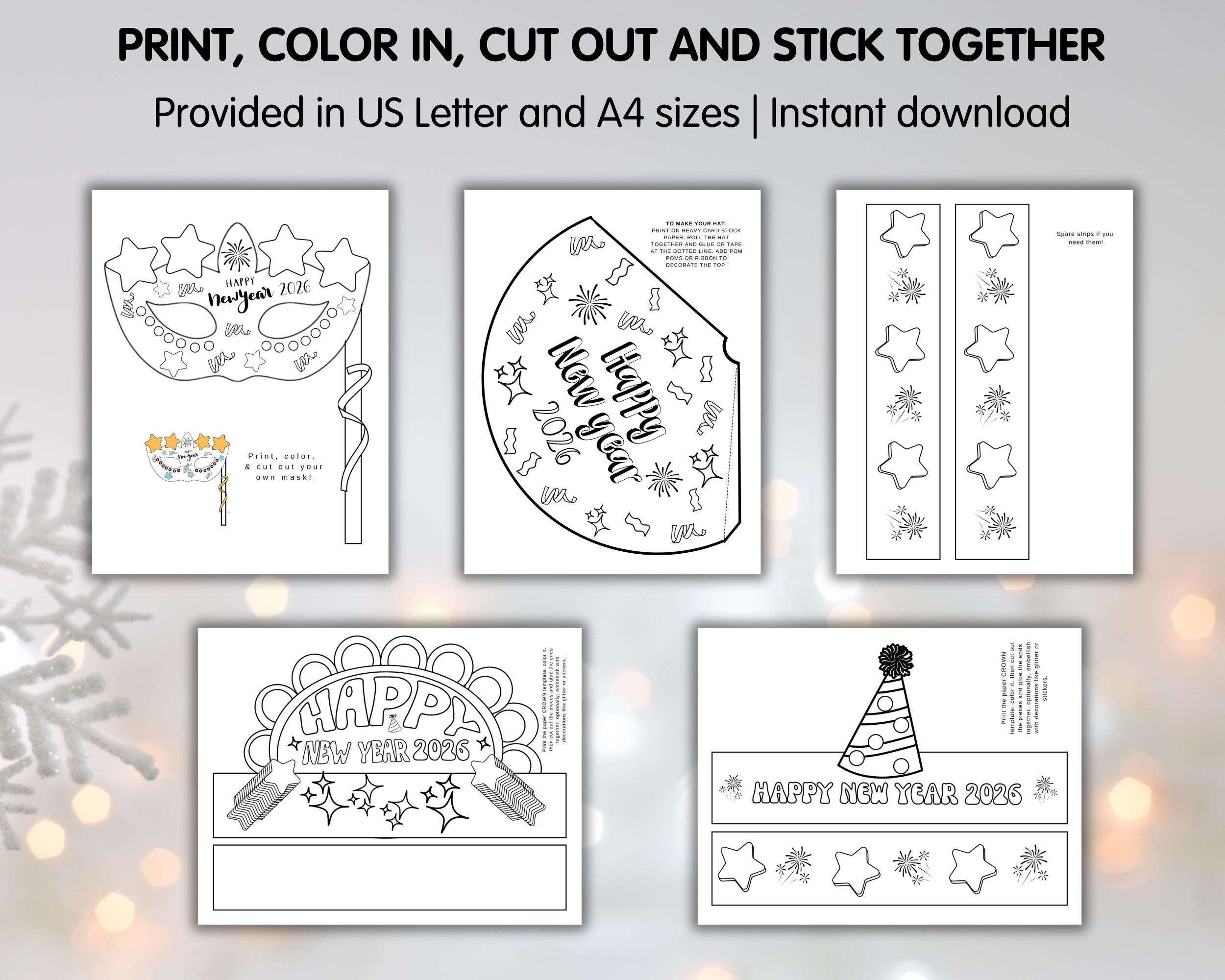 new year's eve craft pack 2026, kids nye coloring in, printable