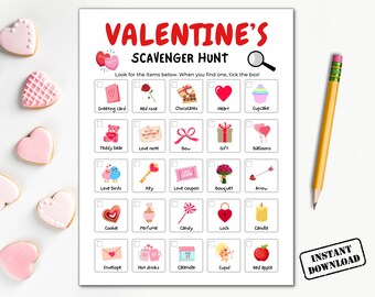 Valentine's Day Scavenger Hunt Printable, Happy Valentines Party Game Ideas, 14 February Treasure Hunt Game, Kids Indoor Classroom Activity