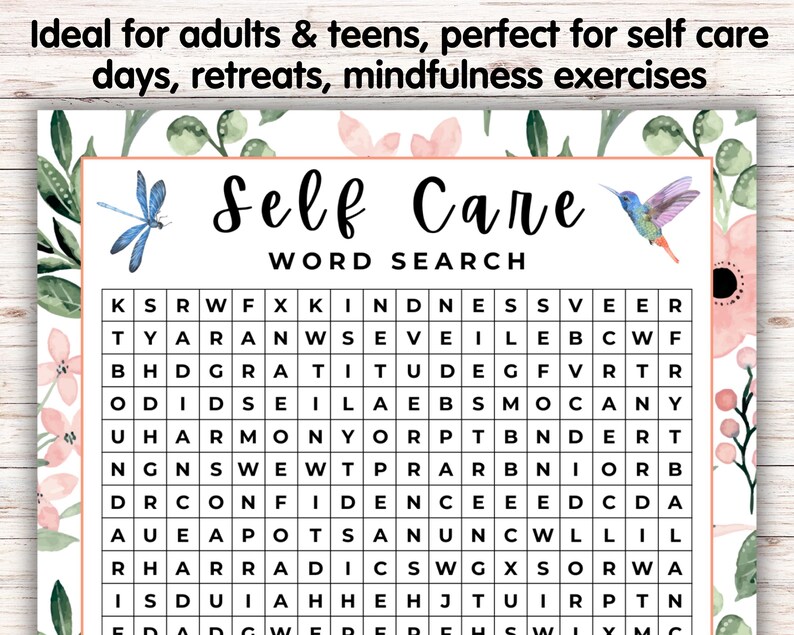 Self Care Word Search Printable, Mindfulness Self Love Activity, Women's Retreat Game, Yoga Wellness Event Worksheet, Calming Adult And Teen image 2