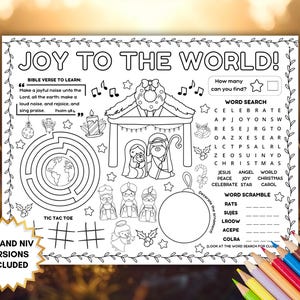 Può includere: Foglio di attività natalizie in bianco e nero con la scritta "JOY TO THE WORLD!". Include un labirinto, una ricerca di parole, un gioco di parole e una scena della natività. Versioni KJV e NIV incluse.