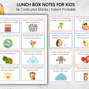 Puede incluir: Un conjunto de notas imprimibles para loncheras infantiles, con tarjetas coloridas con afirmaciones positivas y mensajes alentadores. Las tarjetas incluyen ilustraciones de personajes sonrientes y frases inspiradoras, perfectas para alegrar el día de un niño.