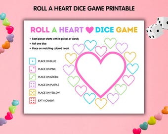 Valentines Roll a Heart Game, Valentines Party Game, Valentines Candy Dice Game, Roll a Dice Game Valentines Day Activity, School Party Game