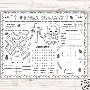 Palm Sunday Activity Placemat, Holy Week Bible Sunday School Activity Coloring Sheet, Christian Childrens Church Craft, Homeschool Game Page