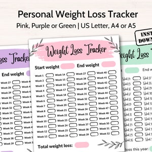 Peut inclure: Trois imprimés de suivi de perte de poids en rose, violet et vert. Chaque suivi comprend des espaces pour les poids de départ et d'arrivée, avec des cases de contrôle hebdomadaires pour 52 semaines. Le texte "Personal Weight Loss Tracker" est en haut.