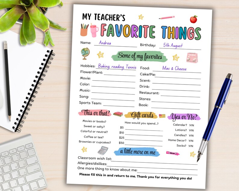 Teacher Favorites Questionnaire Printable, All About My Teacher Survey ...
