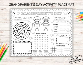 Happy Grandparents Day Activity Placemat Printable, Grandma Craft Coloring Page, Grandpa Games, Grandchildren Preschool Classroom Kids Sheet