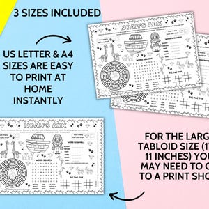 Noah's Ark Activity Placemat, Christian Bible Story Craft, Kids Sunday School Activity, Childrens Church Lesson, Bible Verse Coloring Games, Homeschool Lesson, Noah Animals on Ark Floods Bible Lesson