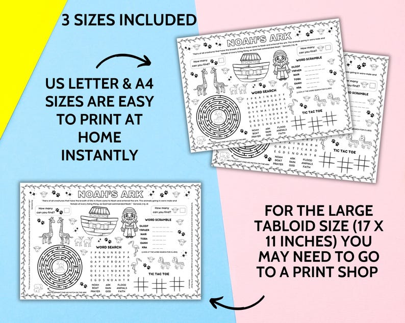 Noah's Ark Activity Placemat, Christian Bible Story Craft, Kids Sunday School Activity, Childrens Church Lesson, Bible Verse Coloring Games, Homeschool Lesson, Noah Animals on Ark Floods Bible Lesson