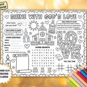 May include: Black and white printable activity sheet with the text "SHINE WITH GOD'S LOVE". Includes word puzzles, a maze, and Bible verses. Features a church, candles, and hearts. Colored pencils are visible in the bottom right corner.