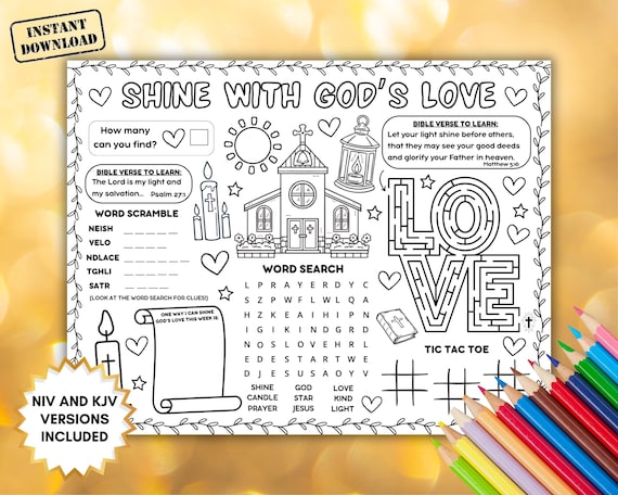 Bible Activity Placemat Coloring Page, Sunday School Craft, Christian Kids Printable, Shine With Gods Love Verse Sheet, Children Church Game