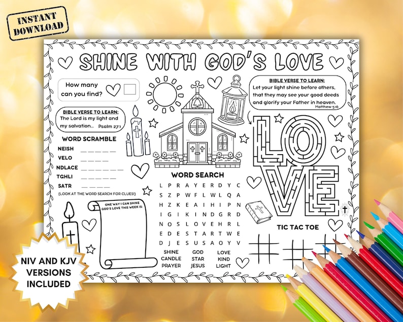 Bible Activity Placemat Coloring Page, Sunday School Craft, Christian Kids Printable, Shine With Gods Love Verse Sheet, Children Church Game, NIV KJV versions, teacher resources ministry classroom