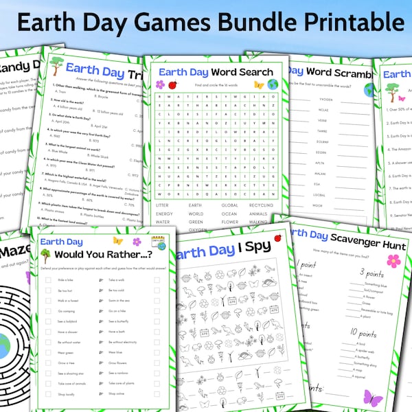 Earth Day Games Bundle Printable, Environmental Nature Theme Activities, Earth Day School Games, Office Party Games, Earth Day Trivia Puzzle