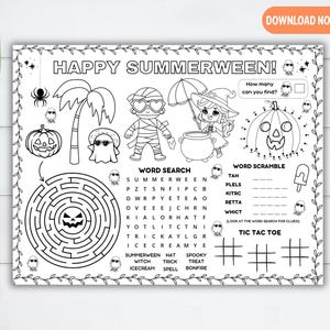 以下が含まれることがあります： 「HAPPY SUMMERWEEN！」のテキストが入った、ハロウィンと夏をテーマにしたイラストが描かれた白黒のアクティビティシート。迷路、単語検索、単語スクランブル、三目並べゲームが含まれています。