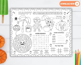 Summerween Activity Mat Printable, Summer Halloween Coloring Sheet, Cute Spooky Holiday Craft, Summerween Kids Party, Classroom Activities