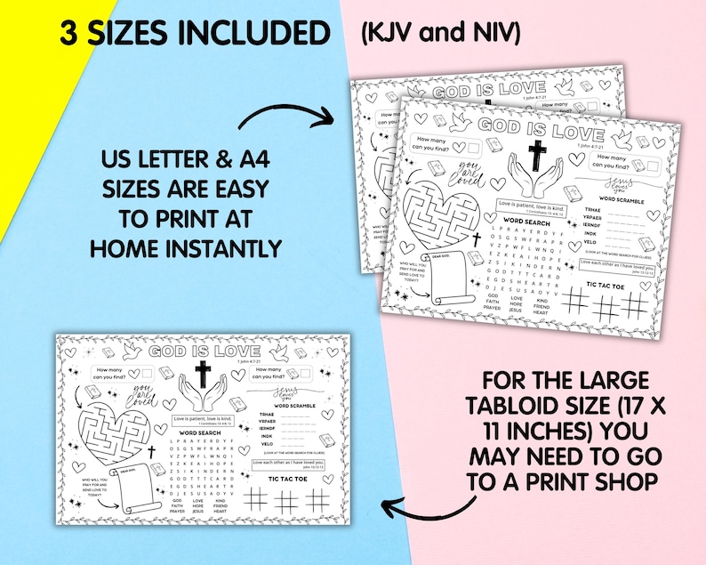 Bible Love Activity Placemat, Christian Valentines Bible Craft Games, Sunday School Activity, God Is Love Childrens Church Coloring Page image 2